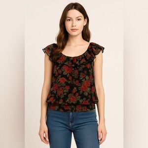 Suzy Shier Black Rose Sheer Ruffle Blouse Women’s Small Flutter Sleeve Romantic